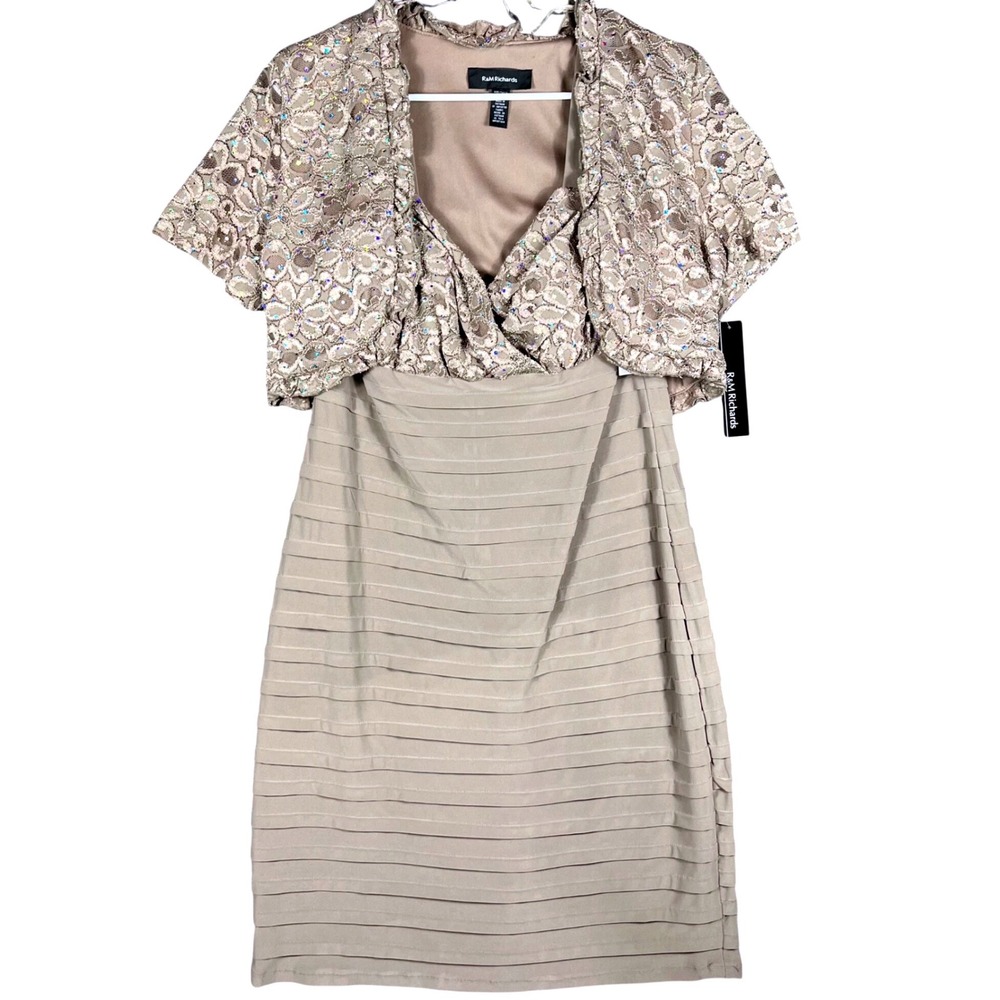 R&M Richards Dress Set Women 10 Mocha 2pc Lace Sequin Jacket Tiered Sheath 1695